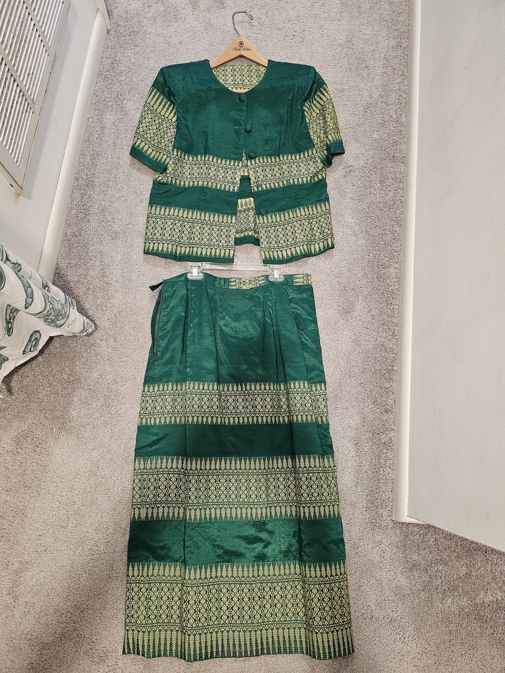 Tailor Made Thai Emerald Green Two-Piece Skirt Set with Gold Pattern.